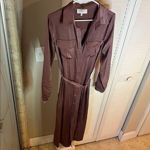 L’Academie Satin Shirt Dress Mauve Button Front Long Sleeve Size M